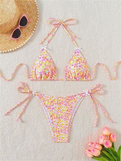 Shein Swim Conjunto De Sujetador De Tri Ngulo Con Cuello Halter Y Bikini Con Lazos En Los Lados