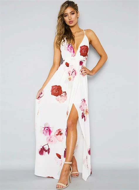 Fashion Deep V Neck Floral Printed High Slit Maxi Dress