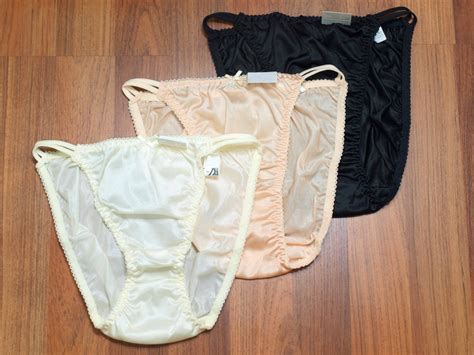3 Nylon String Bikini Panties Feminine Silky Lingerie Creme Blac Nude 34 37