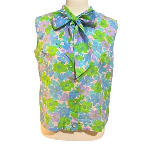 Vintage S Flower Power Pussy Bow Blouse Size Feminine Blue Purple Mid Mod Ebay
