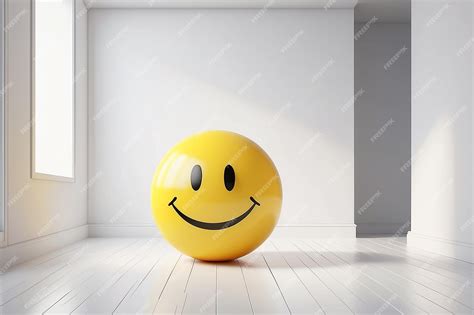 Premium Ai Image Yellow Smiley Ball In White Room Interior In 3d