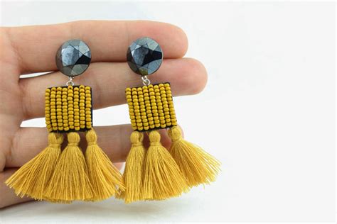 Tassel Earrings Mustard Yellow Earrings Handmade Bead