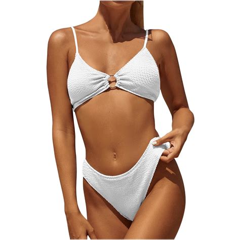 Rqyyd Women S Ribbed O Ring String Bikini Set Solid V Neck Swimsuit Cheeky Thong Swimwear Two