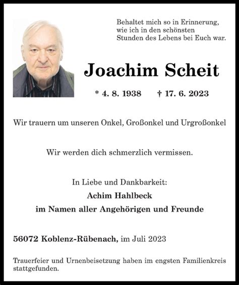 Traueranzeigen Von Joachim Scheit Rz Trauer De