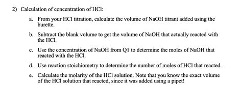 2) Calculation of concentration of HCl : a. From your | Chegg.com