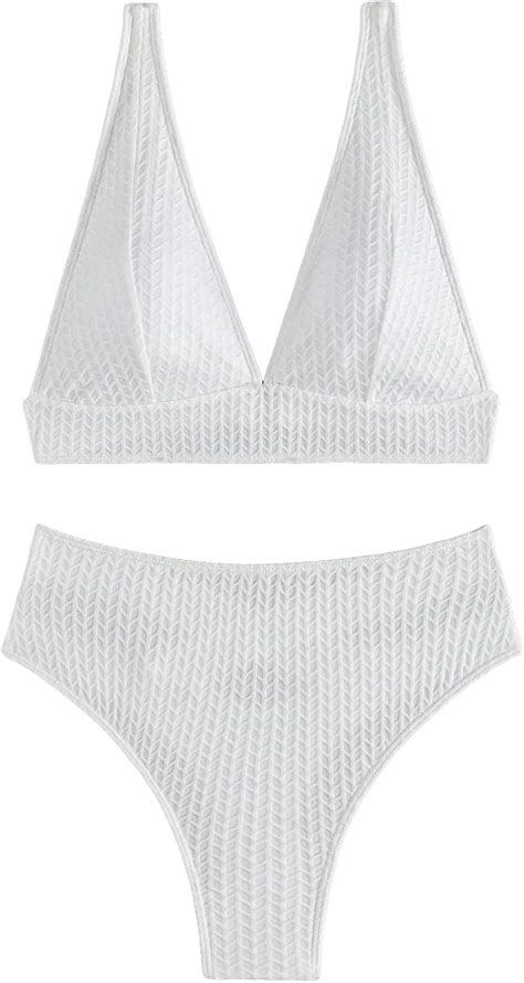 Amazon Beaudrm Women S Piece Solid Textured Bikini Set V Neck Triangle Swimsuit High Cut