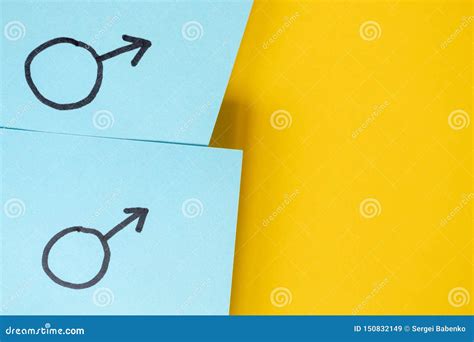 Blue Stickers With Gender Symbols Of Mars Above Yellow Background Concept Gay Lgbt Stock Image