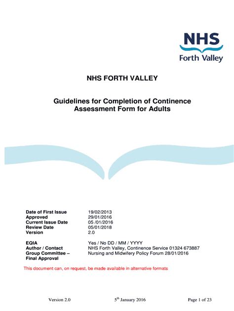 Fillable Online Completion Of Continence Assessment Forms For Nhs Forth Valley Fax Email Print