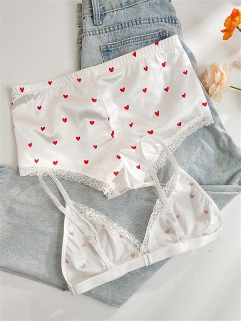Heart Print Lace Trim Lingerie Set SHEIN UK