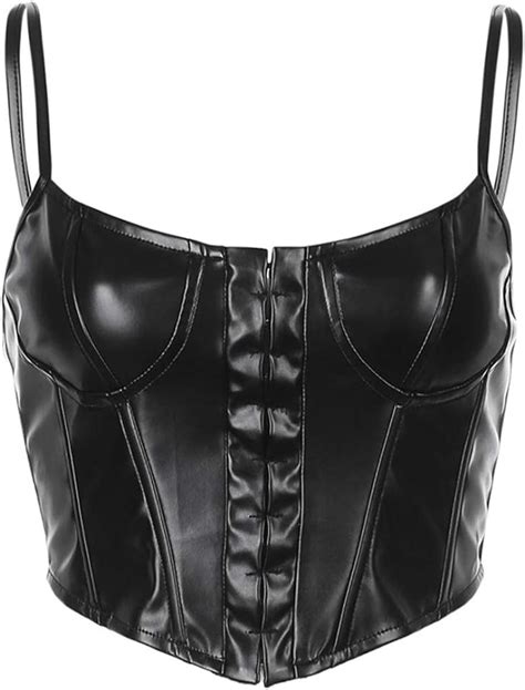 Fut Women Ṡêxy Spaghetti Strap Corset Crop Top Artíficiɑl Leather Black Bustier Camisole Hook