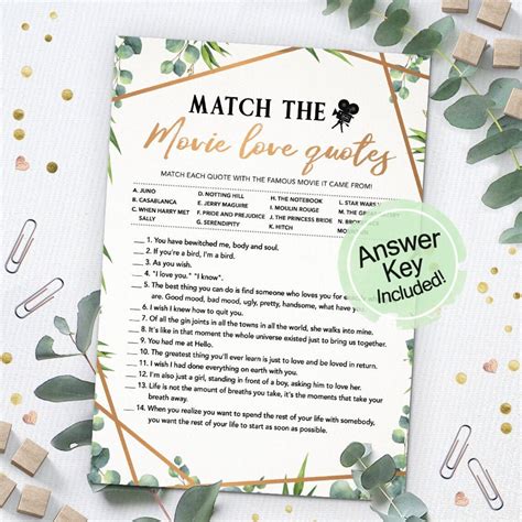 Match The Movie Love Quote Bridal Shower Games Printables Etsy