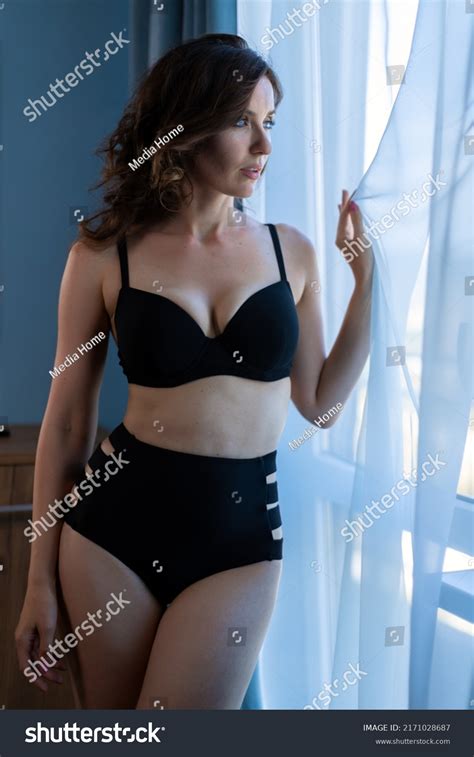 Beautiful Sexy Brunette Woman Black Lingerie Stock Photo