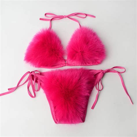 New Women Sexy Bikini Swimsuit Piece Set Summer Fur Swimwear Bikini Set Adjustable Bra Cute