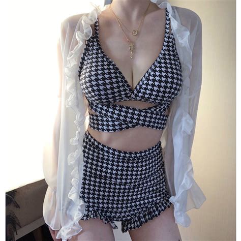 Split Swimsuit Small Breast Push Up Bikini Houndstooth Swimsuit For Women