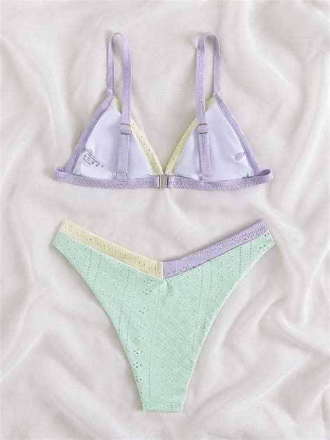 Ba Ador Bikini Micro Tri Ngulo De Color Combinado Con Bordado Con Ojal Verde Menta Colombia