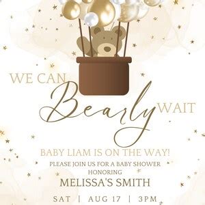 Editable We Can Bearly Wait Baby Shower Invitation Teddy Bear And Hot Air Balloon Brown And Gold