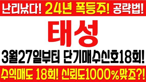 태성 주가전망 긴급 속보 여의도슈퍼개미 전략 3월27일부터 단기매수신호 18회 수익매도 18회 신뢰도