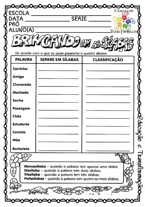 Exercícios Separação De Sílabas 3 Ano Fundamental Com Gabarito