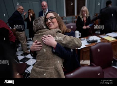 U.S.-Rep.-elect Sarah McBride, D-Del., hugs Delaware State Democrat