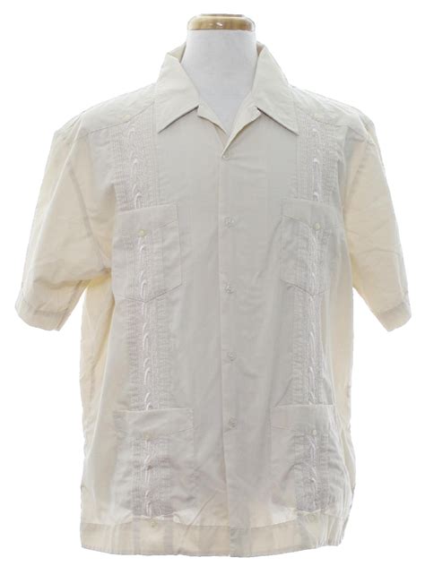 1980 S Retro Guayabera Shirt 80s Haband Mens Beige Cotton And