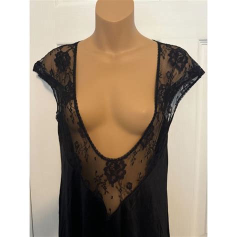 Vintage Long Black Nightgown Lingerie With Lace Back M Gem