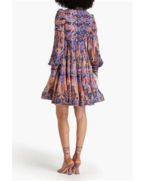 Zimmermann Pussy Bow Ruched Printed Georgette Mini Dress In Red Lyst