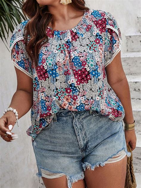 Plus Size Womens Floral Print Puff Sleeve Shirt Shein Usa