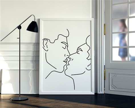 Gay Couple Kissing Print Minimal Nude Line Drawing Wall Art Printable Poster Cuddling Men