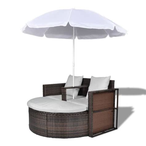 Chaise longue bain de soleil Lit de jardin avec parasol Marron Résine