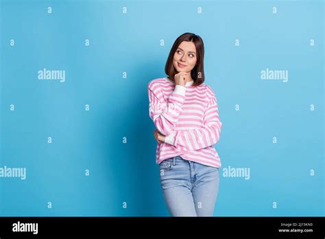 Photo Of Smart Millennial Brunette Lady Look Promo Wear Shirt Jeans Isolated On Blue Background