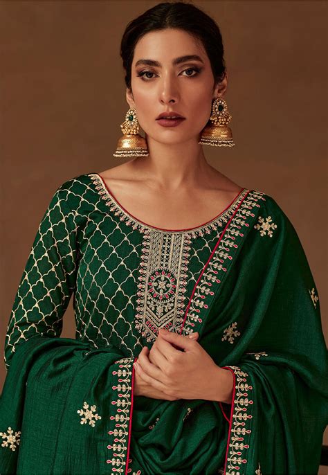 Embroidered Art Silk Pakistani Suit In Dark Green KCH10439