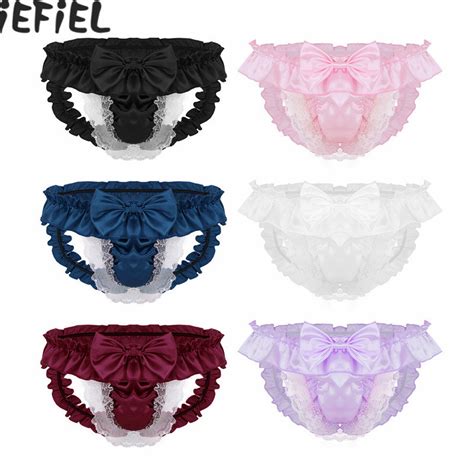 Mens Lingerie Soft Satin Crotchless Low Rise Bikini Sissy Briefs Underwear Sissy Sexy