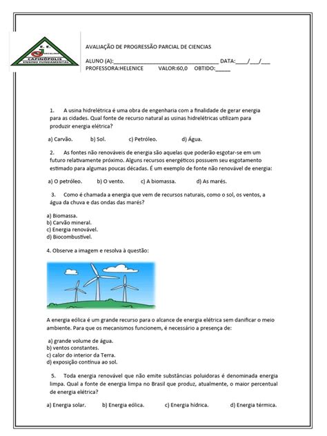 Exercícios Sobre Transformações De Energia 8 Ano Com Gabarito - Avaliação de Energia para 8º Ano | PDF | Energia renovável | Energia eólica