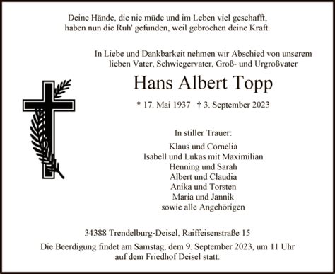 Traueranzeigen Von Hans Albert Topp Trauer Hna De