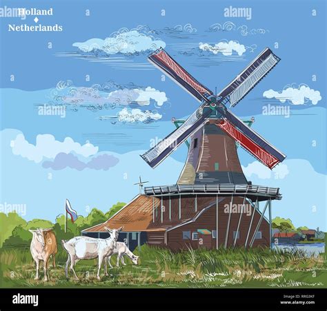 Vector Hand Drawing Illustration Of Watermill In Amsterdam Netherlands