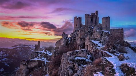 Italy Mountain And Ruin Fortress With Snow 4K 5K HD Nature Wallpapers