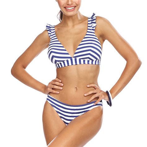 Lorin Dame Bikini Set Badeanzug Gestreift Soft Cups Bademode L11452 Weiß Weiß Dumaldu