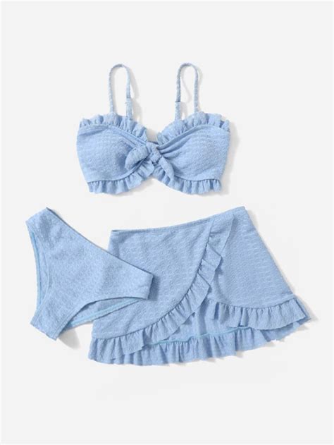 SHEIN Kids SUNSHNE Niñas 3 piezas Bañador bikini con cordón delantero ribete con fruncido
