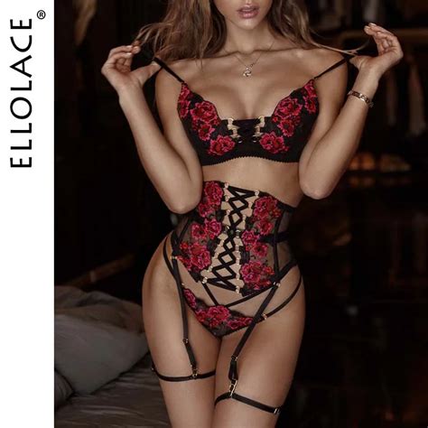 Ellolace Lingerie Sensual Bandagem Bordado Sexy Conjuntos Breves Cuecas Ligas Luxo Pe As Roupa