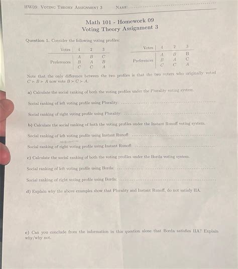 Solved HW09: VOting Theory Assignment 3NAME:Math 101 - | Chegg.com
