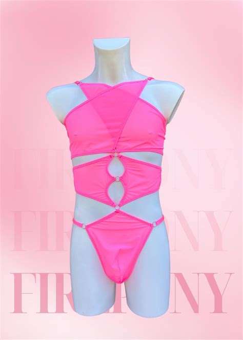 Mens Sexy Pink Bodysuit With Cutouts Femboy Lingerie For Men Sissy