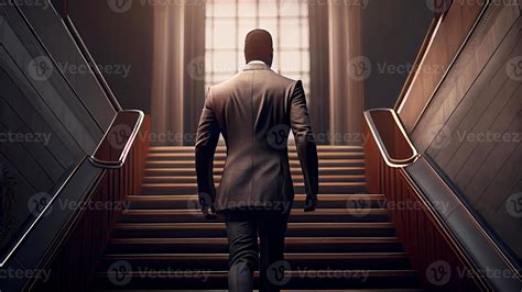 Back View Of Businessman Climbing Stairs Towards The Lights Door