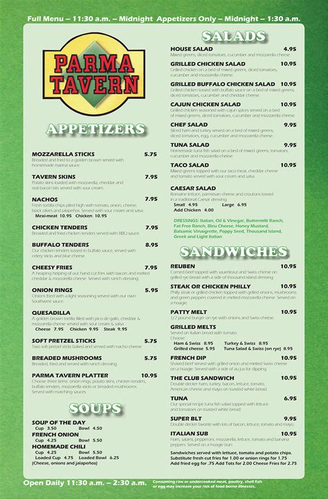 Menu Parma Tavern