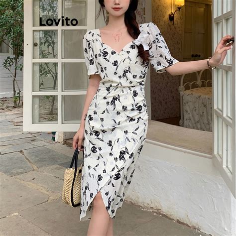 Lovito Casual Ditsy Floral Tie Back Cut Out Split Front Dress For Women