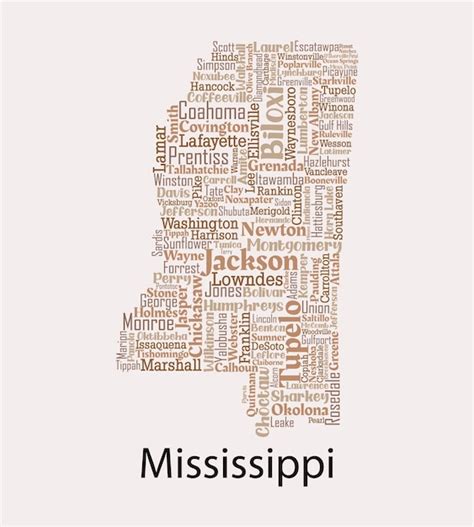 Mapa Vectorial Detallado De Mississippi Con Los Nombres De Todos Los