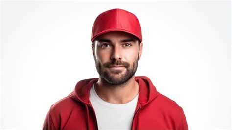 Premium Ai Image Stunning Photo Handsome Man Wearing A Red Baseball Cap In Front View Isolated