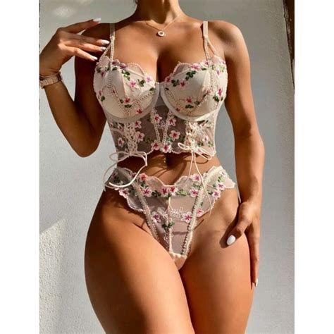 Conjunto Lingerie Floral Bordado Shopee Brasil