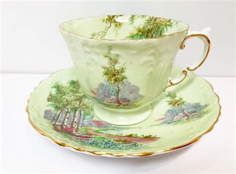 Green Aynsley Tea Cup And Saucer Antique Tea Cups Vintage Scenic Tea