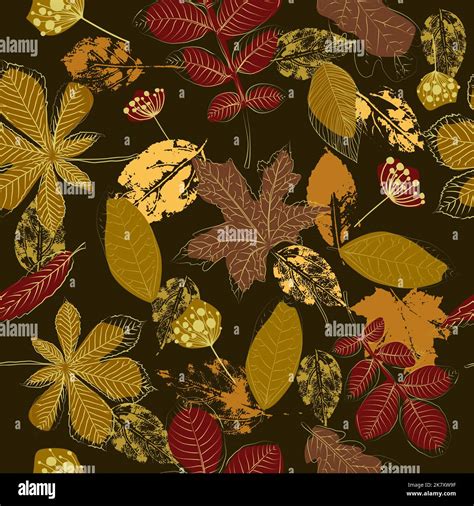 Autumn Leaves Dark Background Seamless Pattern Vector Illustration