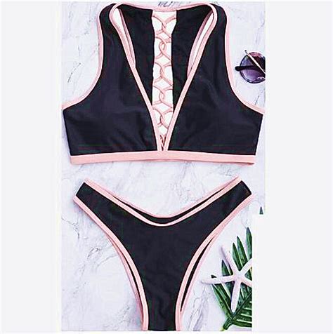 Fashion Black Deep V Neck Edge Pink Back Cross Hollow Two Piece Bikini On Luulla